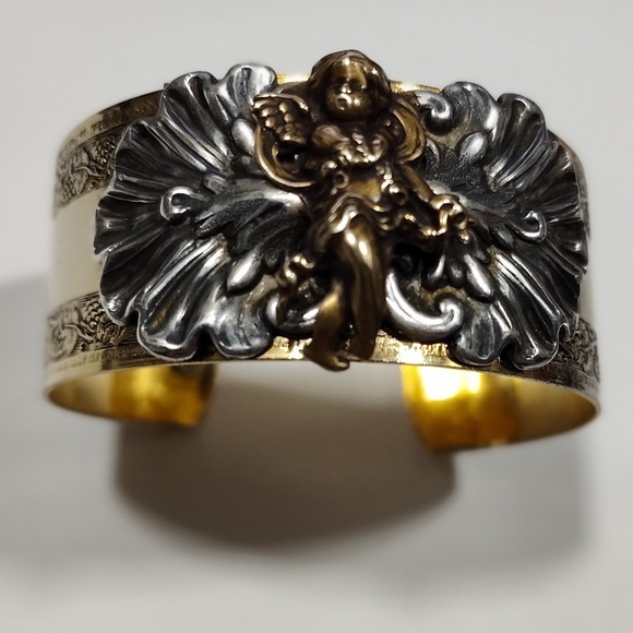Vintage Sonja Lea Gold, Silver and Brass Tone Cherub Wide Cuff Ornate Bracelet - Picture 5 of 16